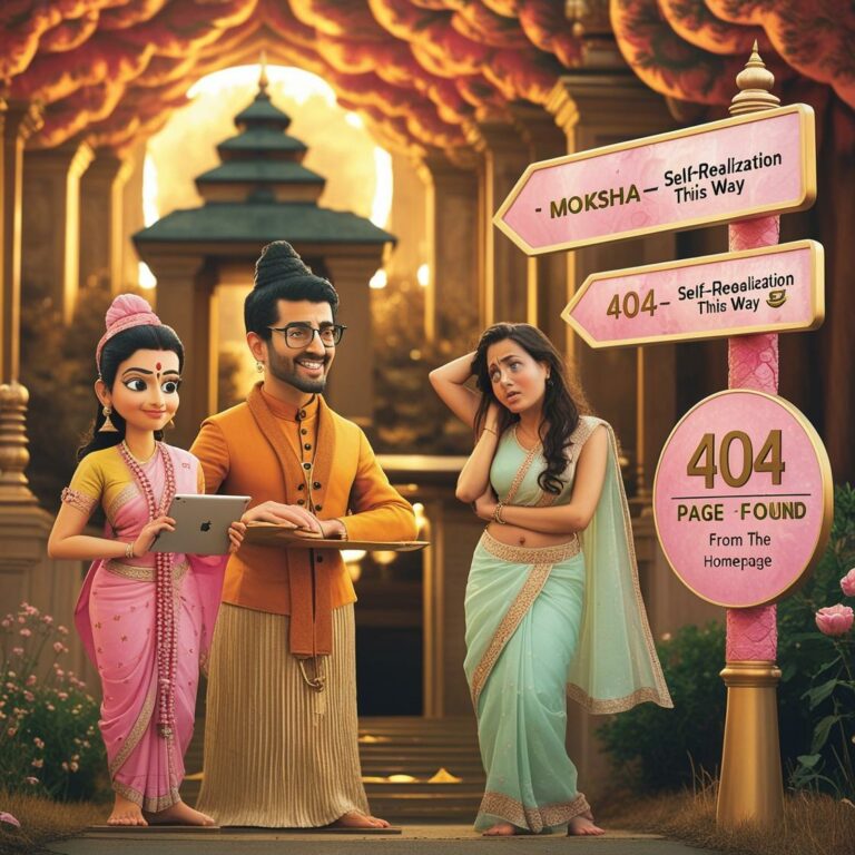 A warm respectfully humorous 404 page illustration in a horizontal aspect ratio. The scene features a peaceful outdoor setting perhaps near a temple gate or a forest path. A young modern looking pandit Hindu priest is standing at a 5 768x768