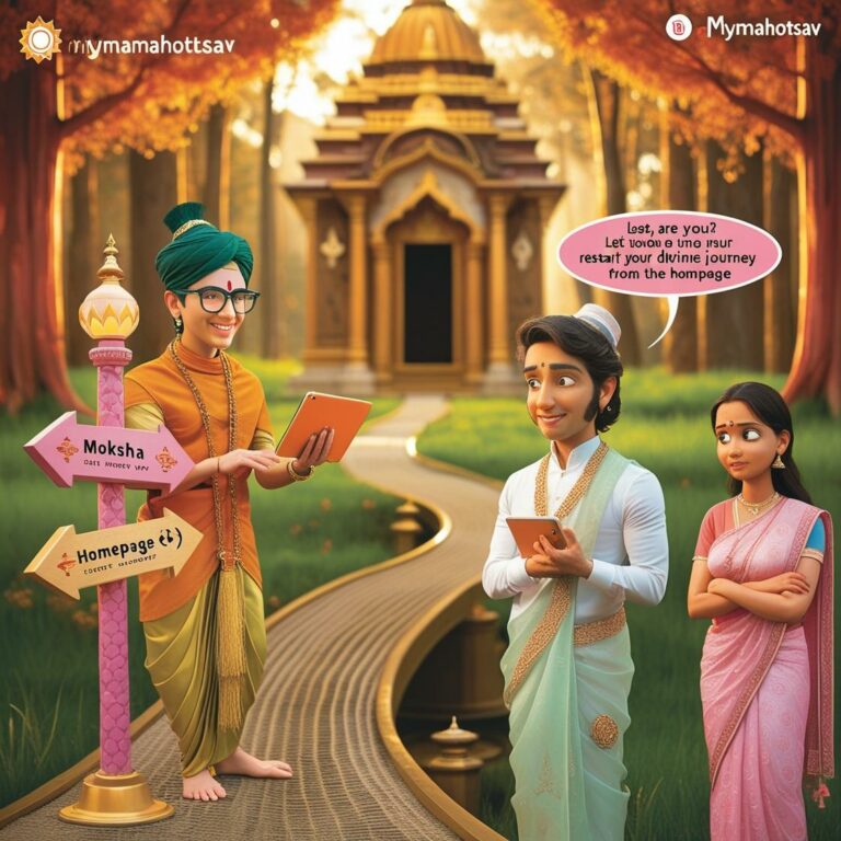 A warm respectfully humorous 404 page illustration in a horizontal aspect ratio. The scene features a peaceful outdoor setting perhaps near a temple gate or a forest path. A young modern looking pandit Hindu priest is standing at a 6 768x768