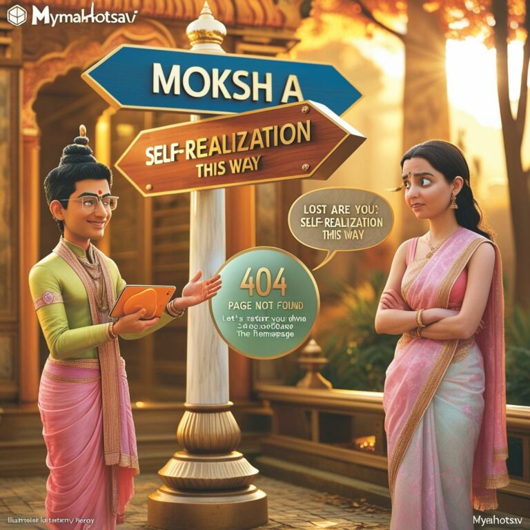 A warm respectfully humorous 404 page illustration in a horizontal aspect ratio. The scene features a peaceful outdoor setting perhaps near a temple gate or a forest path. A young modern looking pandit Hindu priest is standing at a 7 768x768